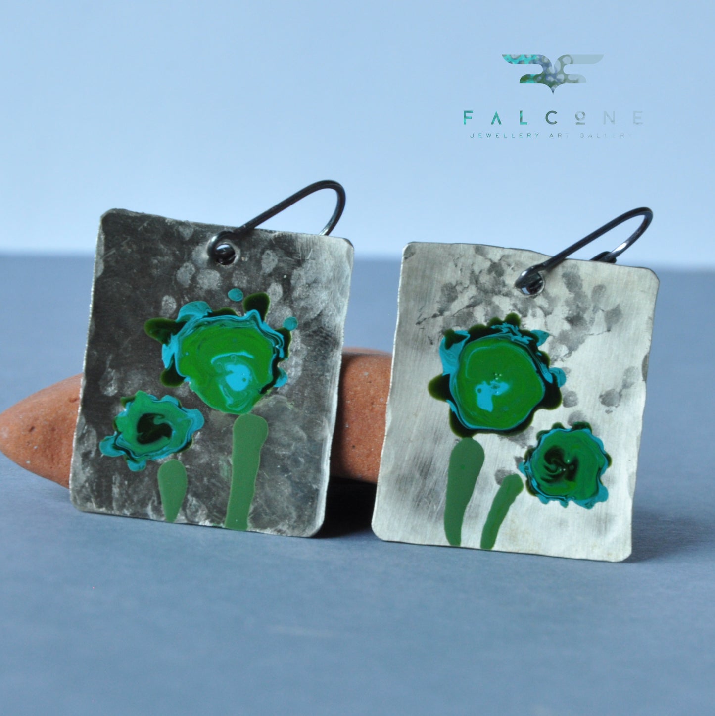 Enamel earrings of white brass - handmade unique jewelry 'Flowers in Emerald Green'