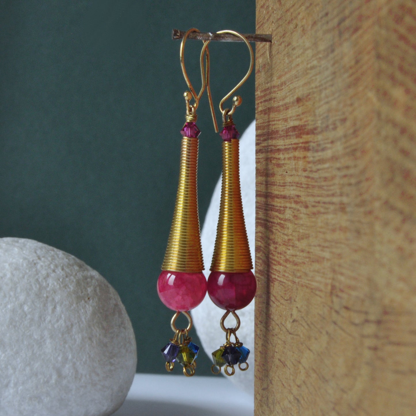 Long earrings in gold plated brass and silver with agate balls and Swarovski crystals 'Gold Tubes with Swarovski'