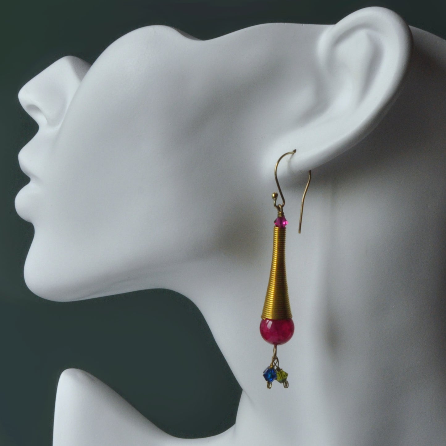 Long earrings in gold plated brass and silver with agate balls and Swarovski crystals 'Gold Tubes with Swarovski'