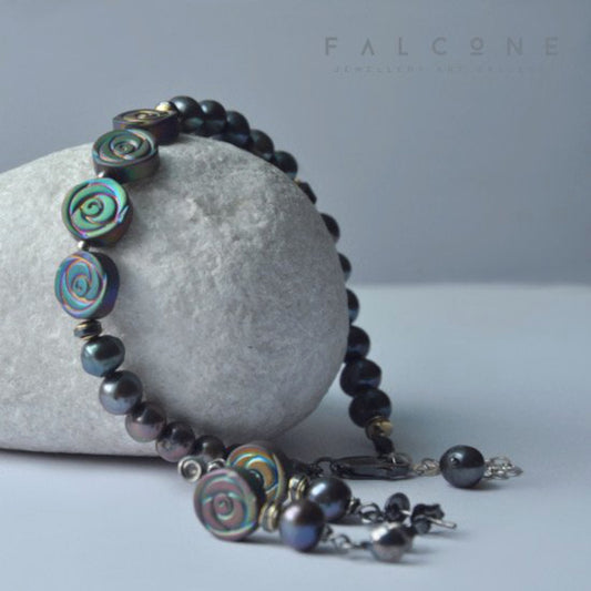 Jewelry set, consisting of bracelet and stud earrings, made with freshwater pearls, hematite & silver 'Graphite'