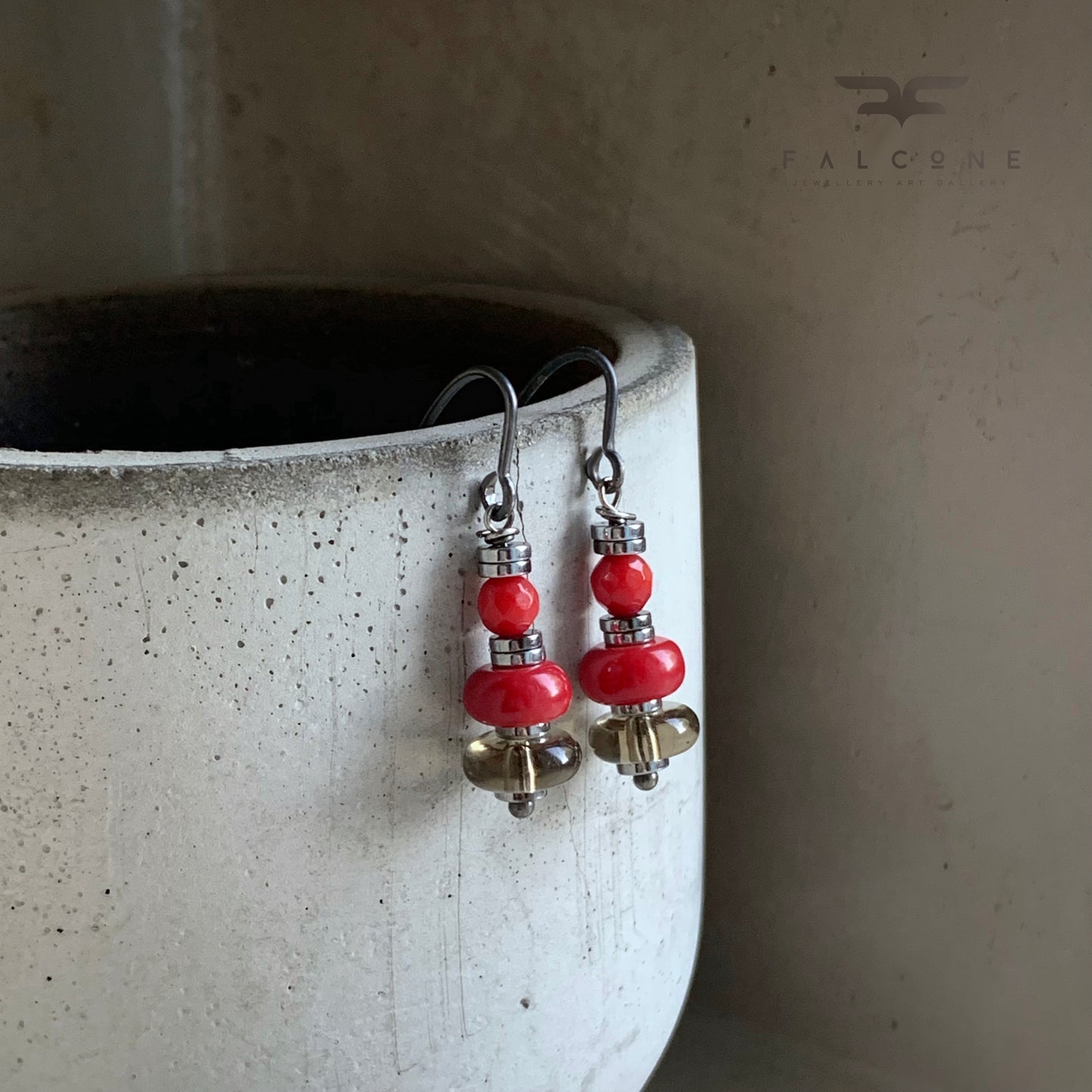 Silver earrings with coral and smoky quartz 'In Autumn Colors'