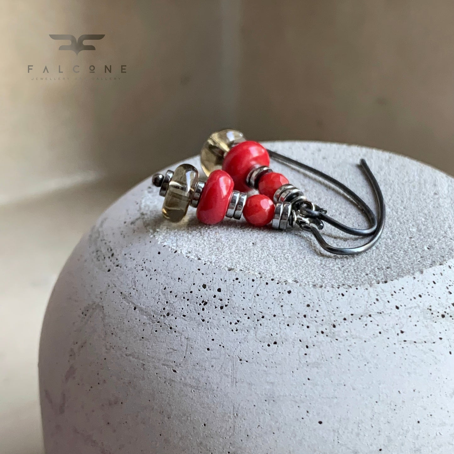 Silver earrings with coral and smoky quartz 'In Autumn Colors'