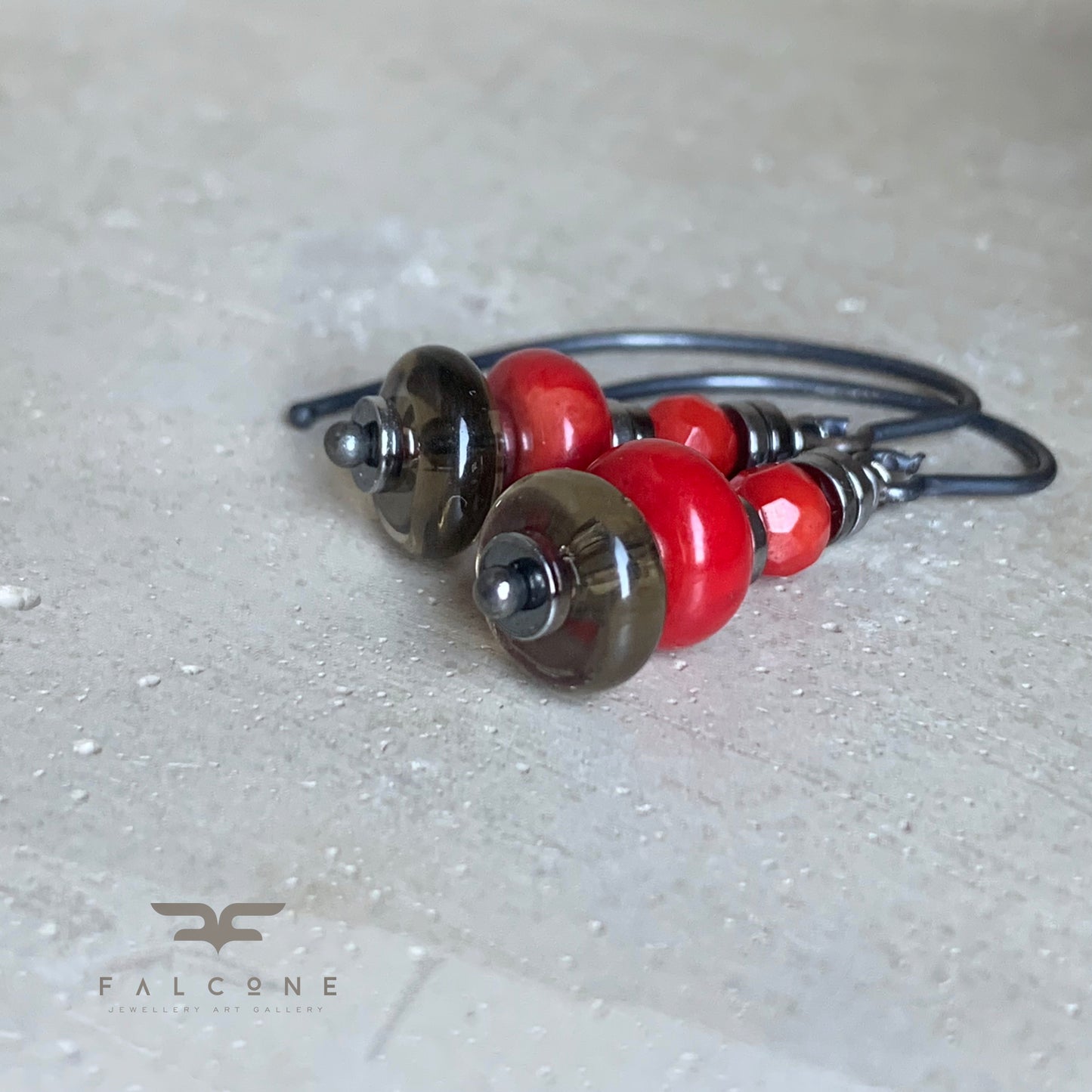 Silver earrings with coral and smoky quartz 'In Autumn Colors'