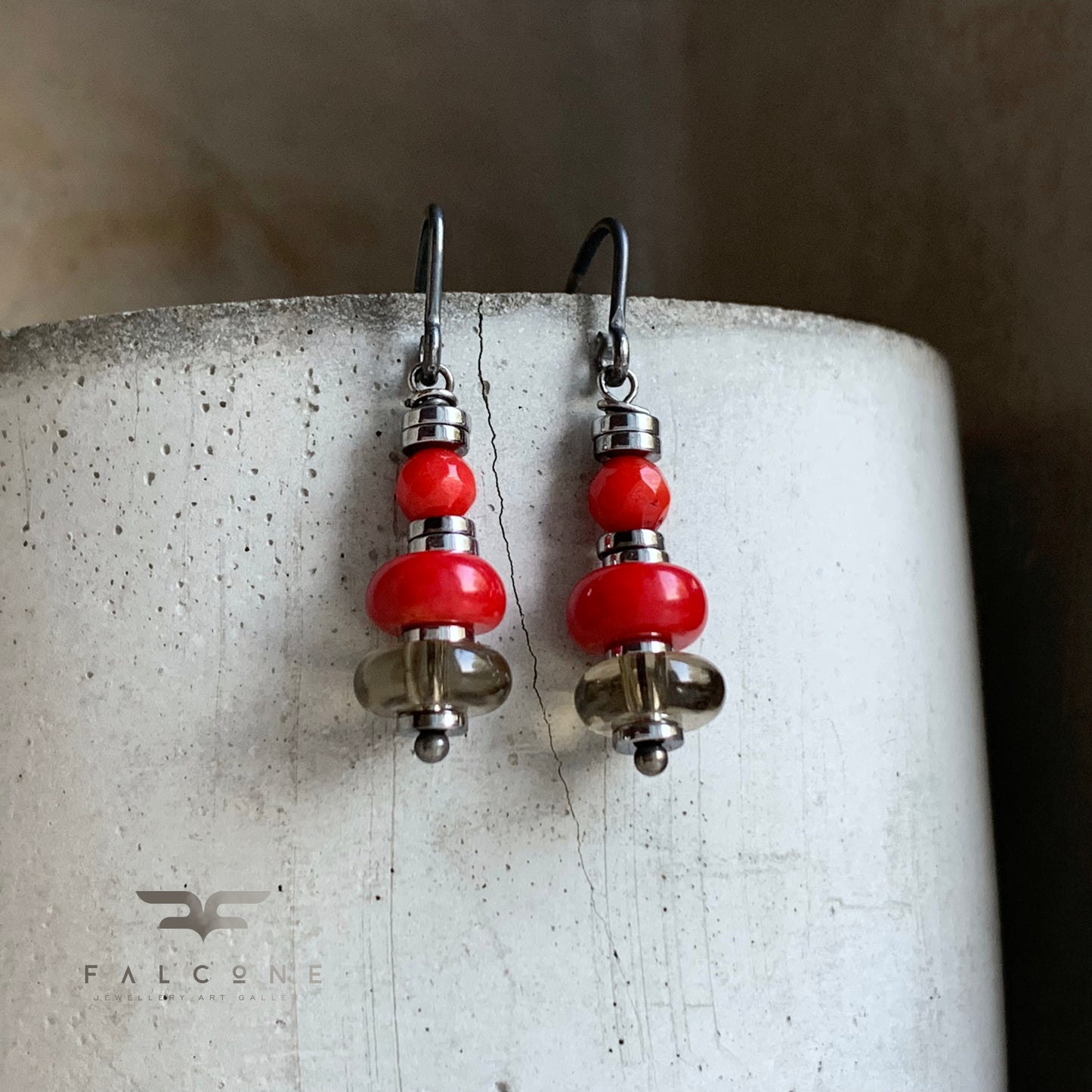 Silver earrings with coral and smoky quartz 'In Autumn Colors'