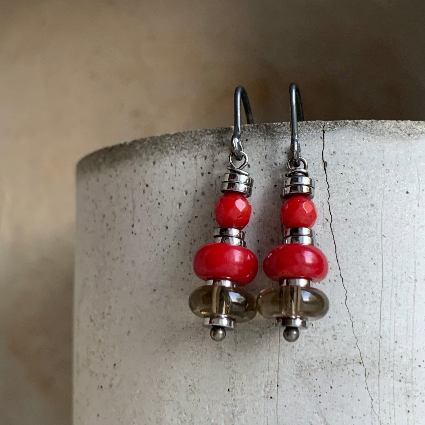 Silver earrings with coral and smoky quartz 'In Autumn Colors'