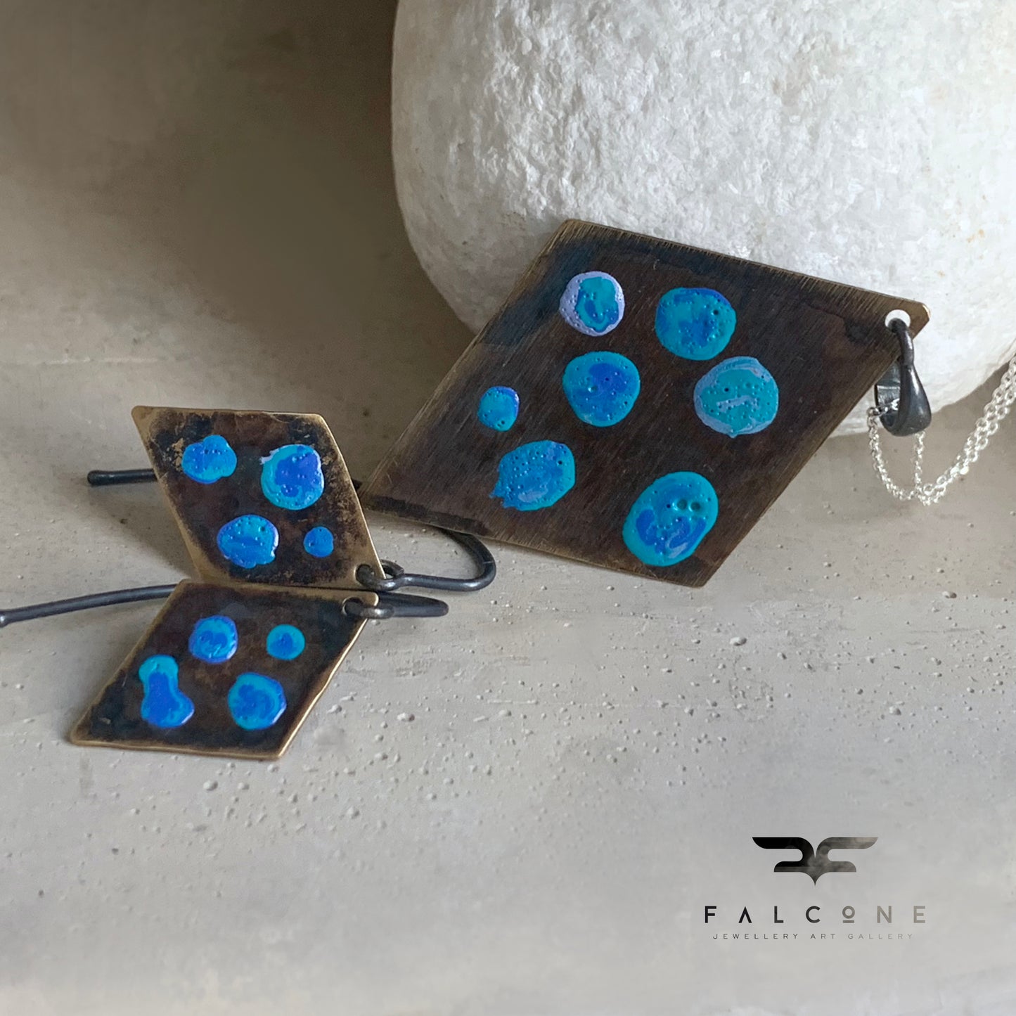 Brass and Silver Geometric Earrings 'Blue Dots'