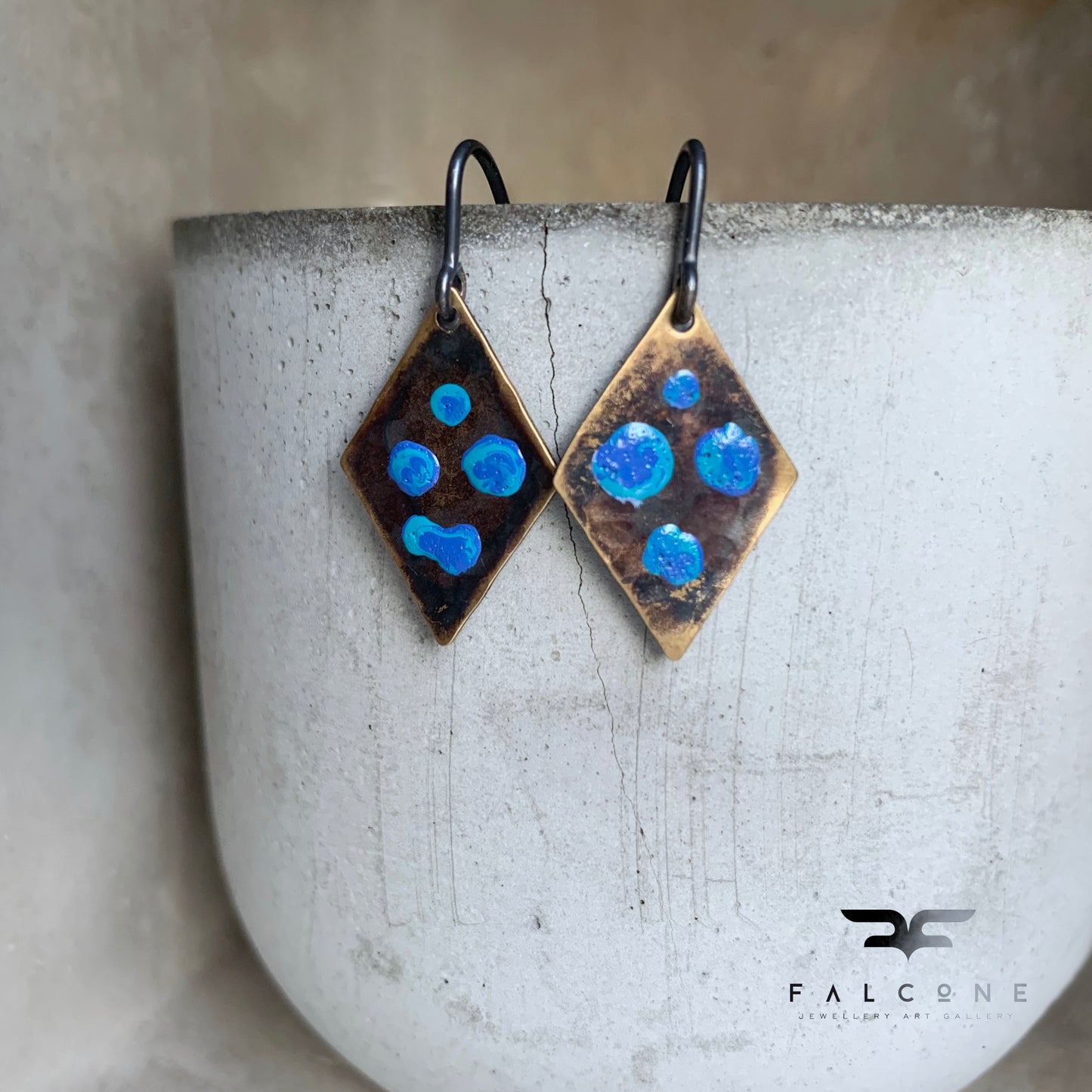 Brass and Silver Geometric Earrings 'Blue Dots'