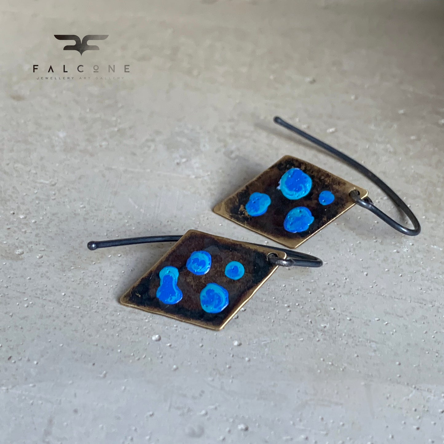 Brass and Silver Geometric Earrings 'Blue Dots'