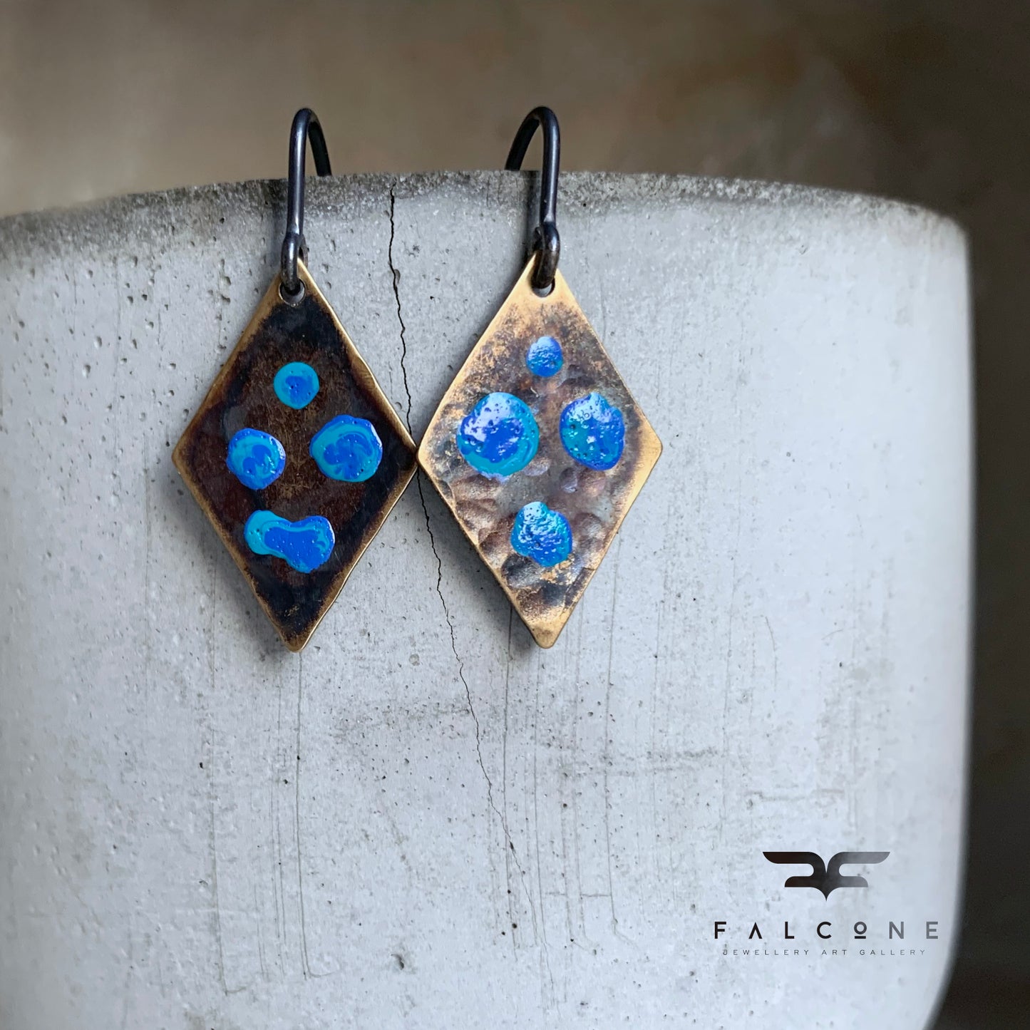 Brass and Silver Geometric Earrings 'Blue Dots'