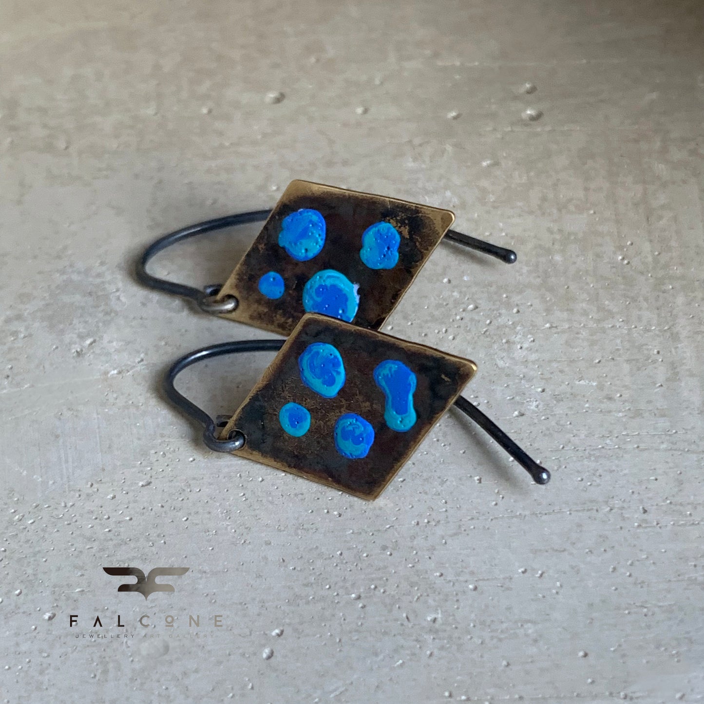 Brass and Silver Geometric Earrings 'Blue Dots'