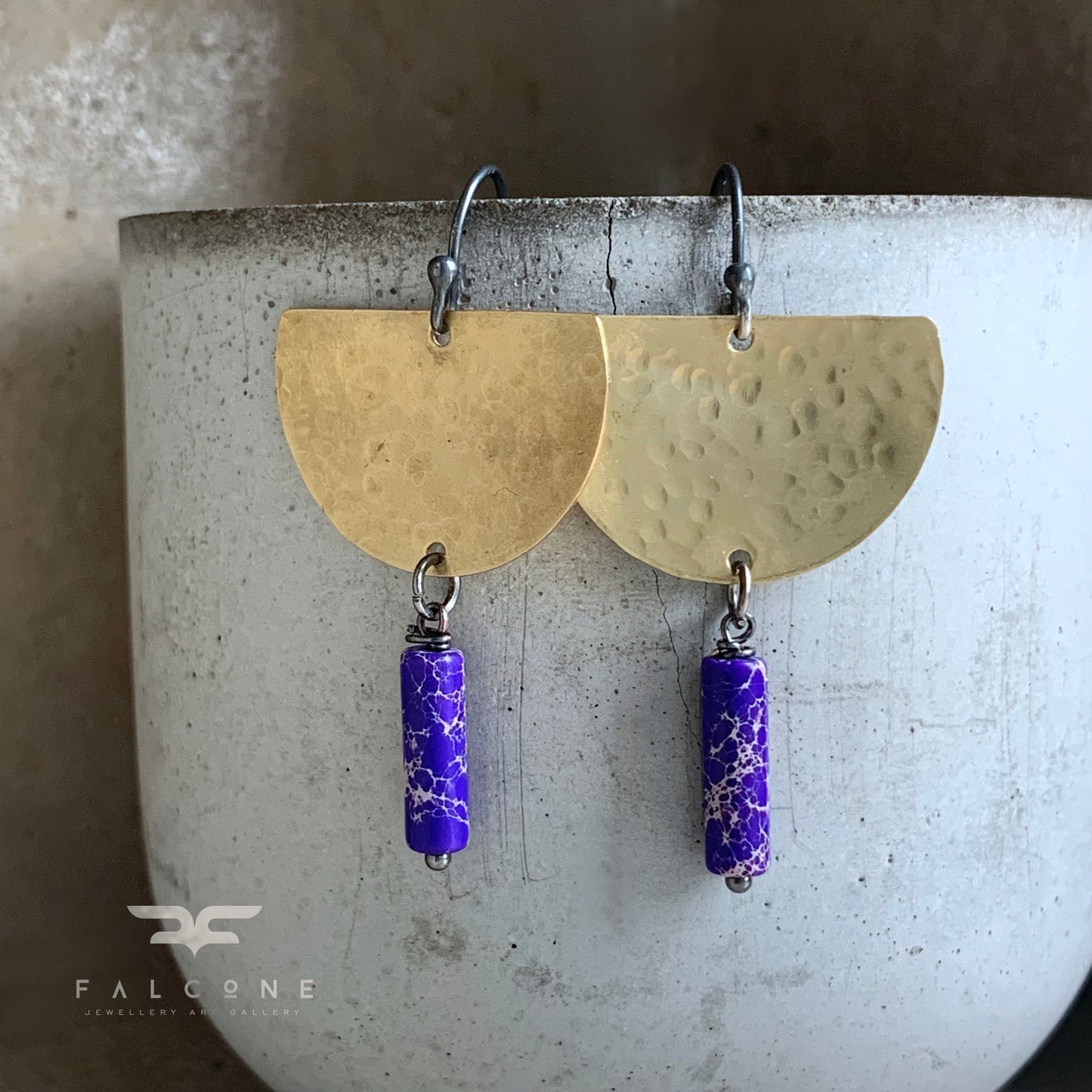 Brass, Jasper and Silver Earrings 'Moon in Purple'
