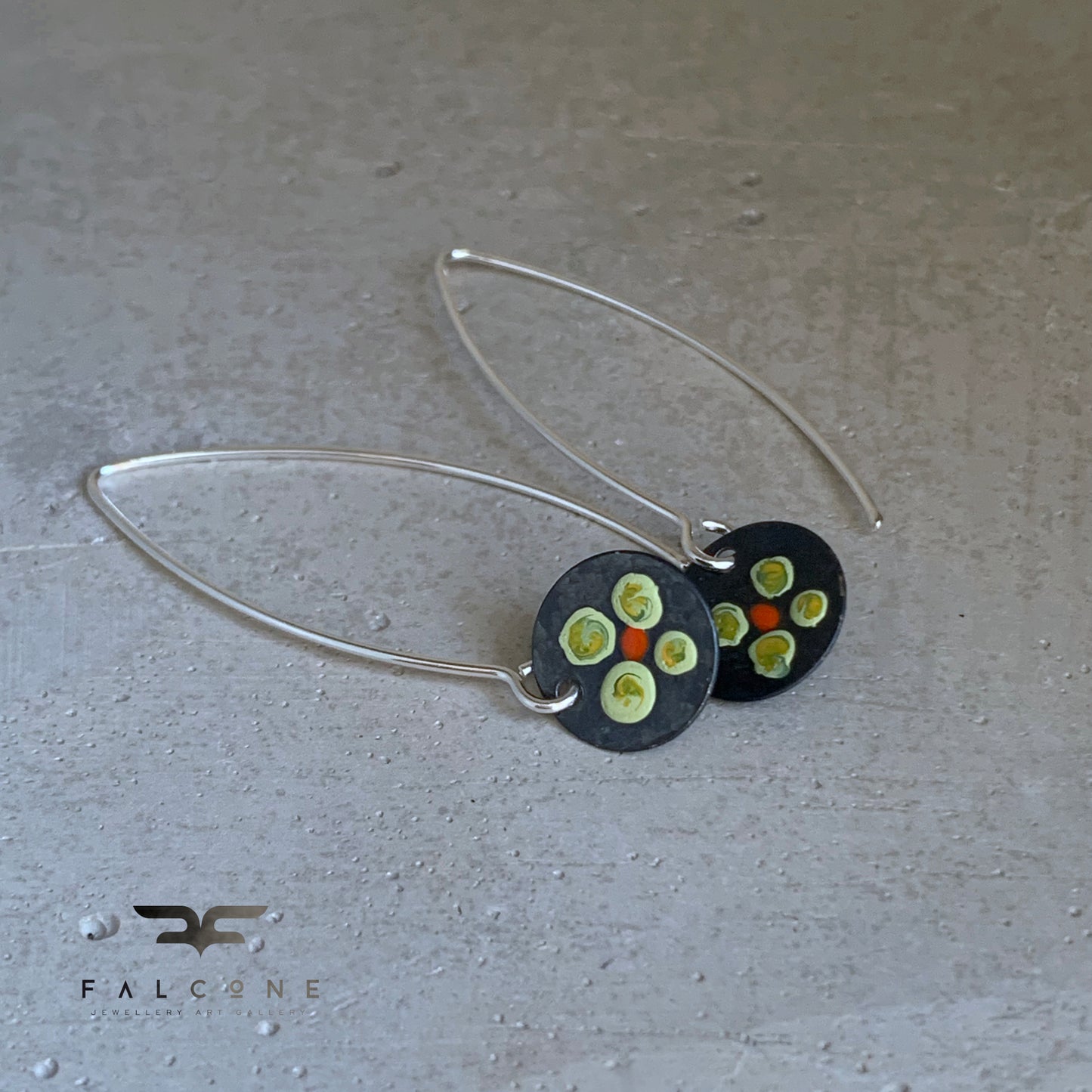 Silver earrings with hand-painted design 'Field Flowers - Lemon & Orange Red'