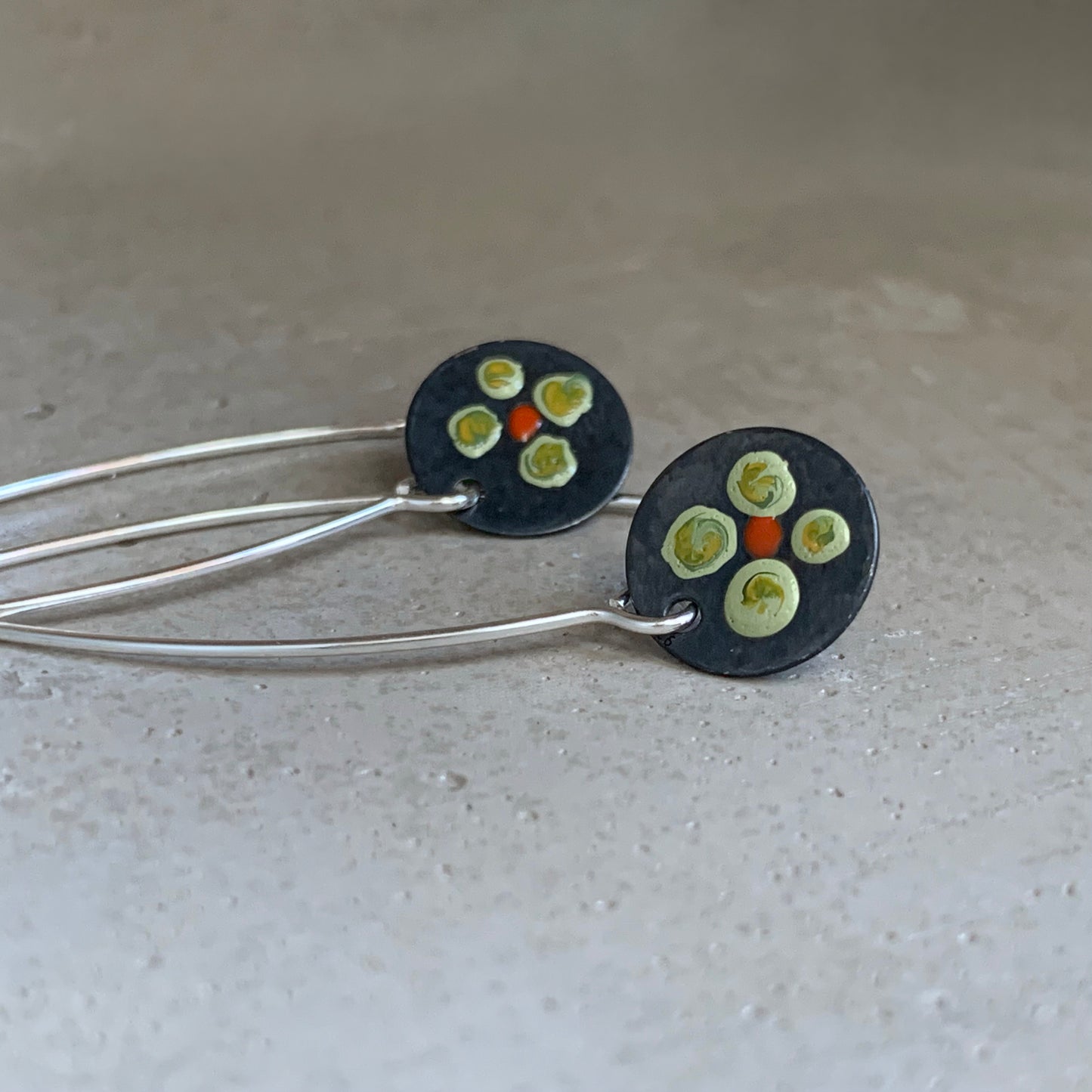 Silver earrings with hand-painted design 'Field Flowers - Lemon & Orange Red'