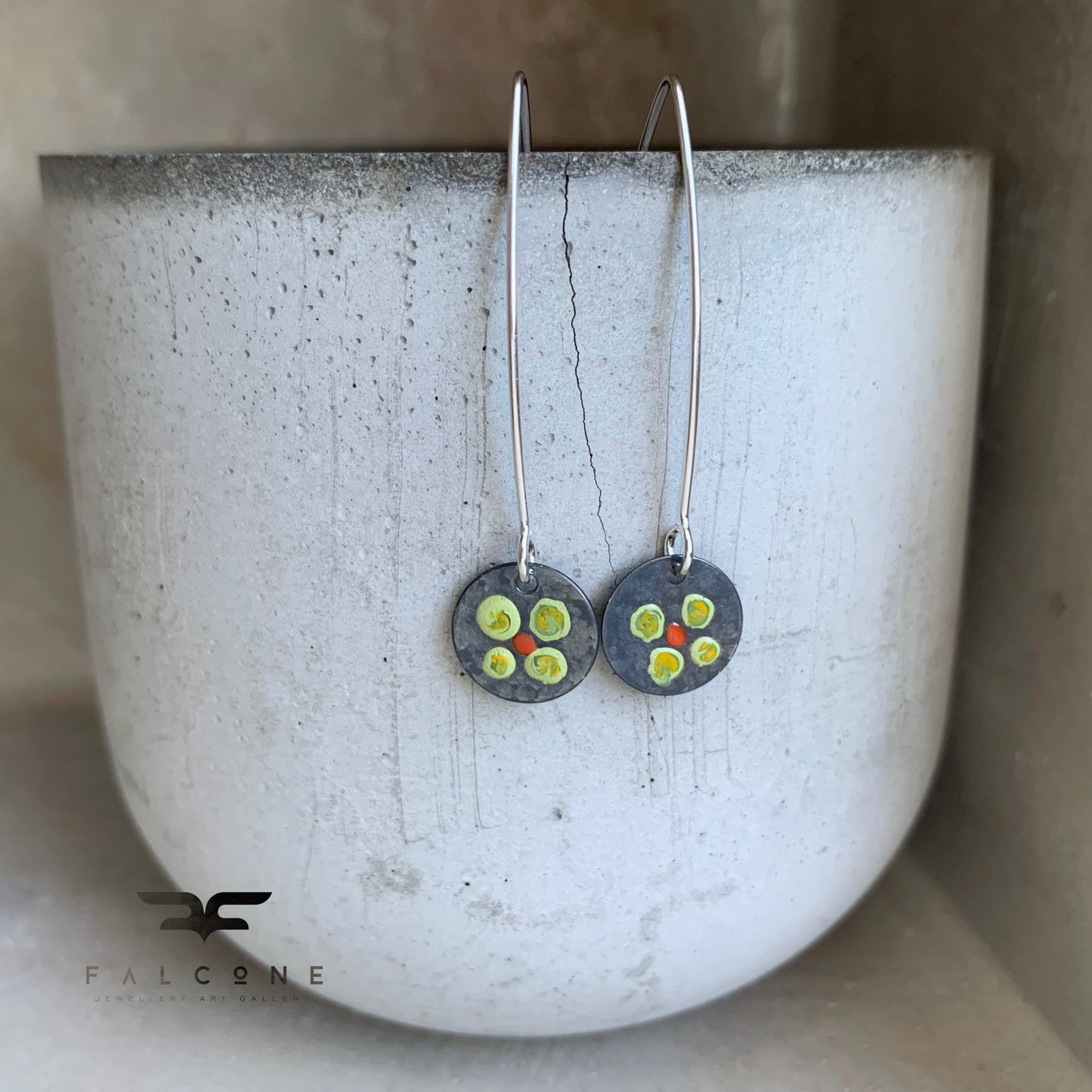 Silver earrings with hand-painted design 'Field Flowers - Lemon & Orange Red'