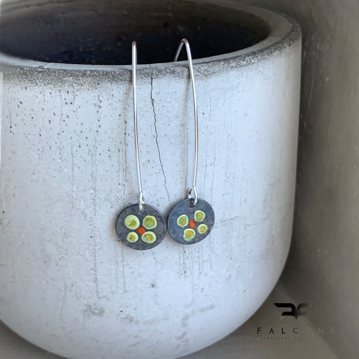 Silver earrings with hand-painted design 'Field Flowers - Lemon & Orange Red'