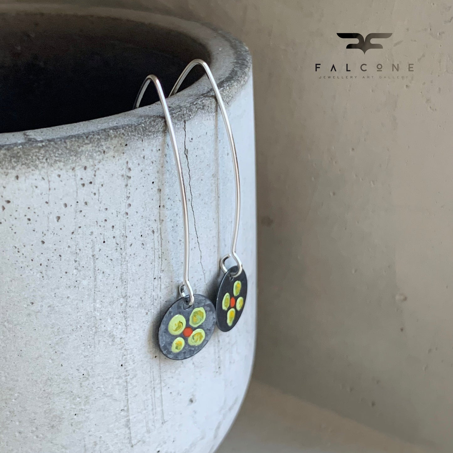 Silver earrings with hand-painted design 'Field Flowers - Lemon & Orange Red'