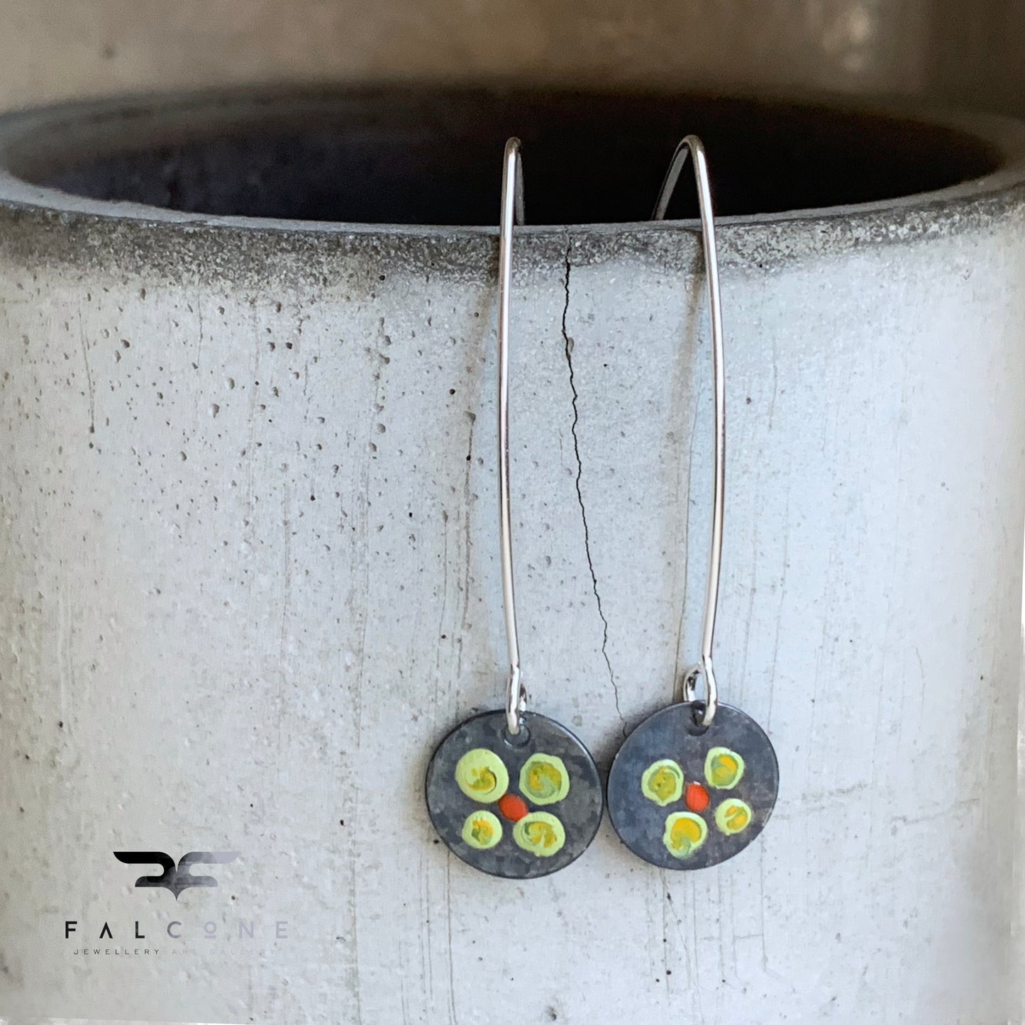 Silver earrings with hand-painted design 'Field Flowers - Lemon & Orange Red'