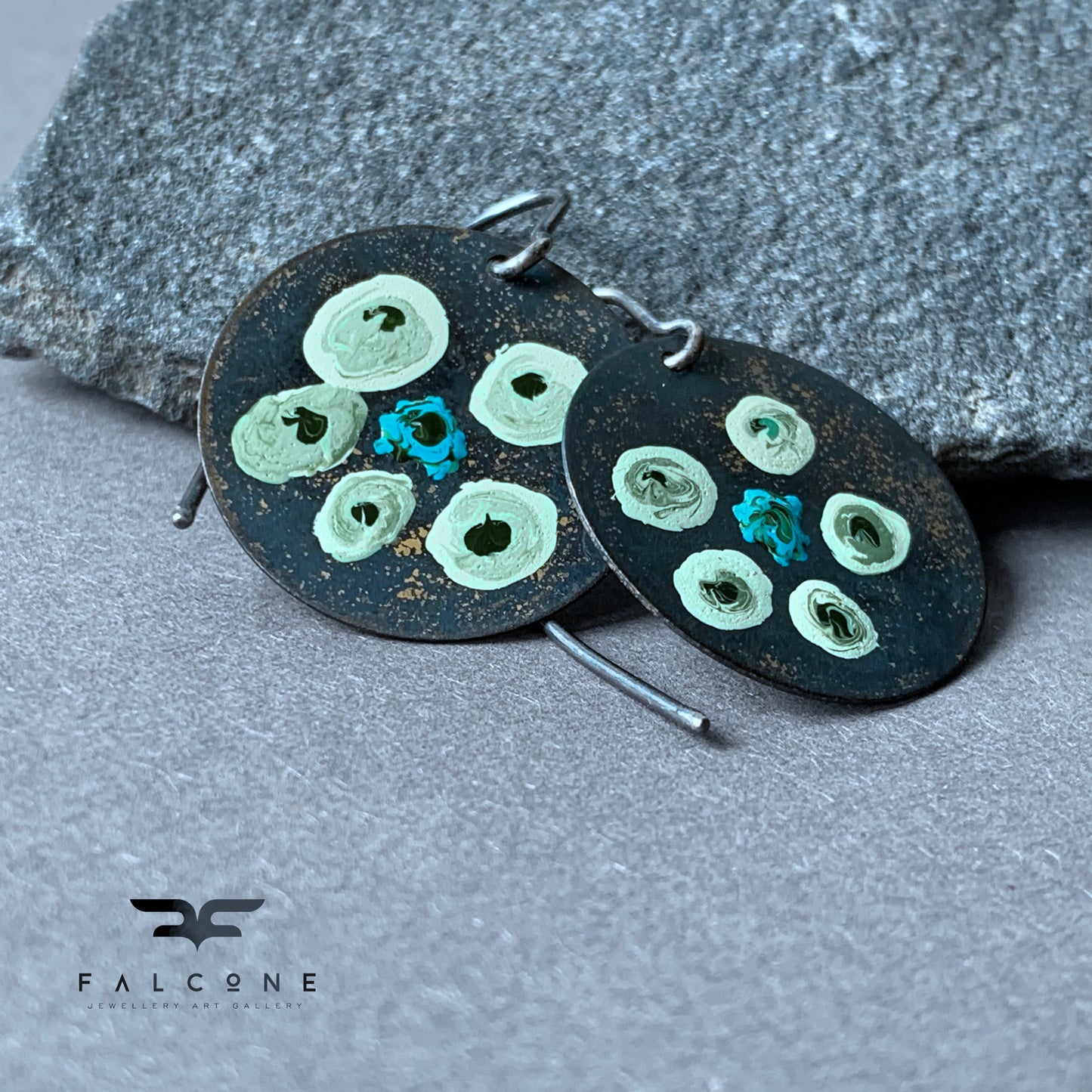 Hand-painted earrings in brass & silver 'Flowers in Green - Sophisticated Mint'