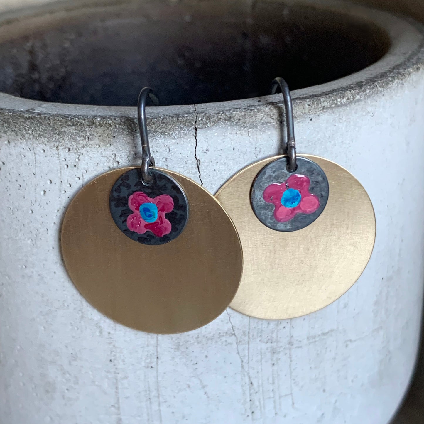 Brass and Silver Earrings 'Field Flowers - Deep Pink and Turquoise.'