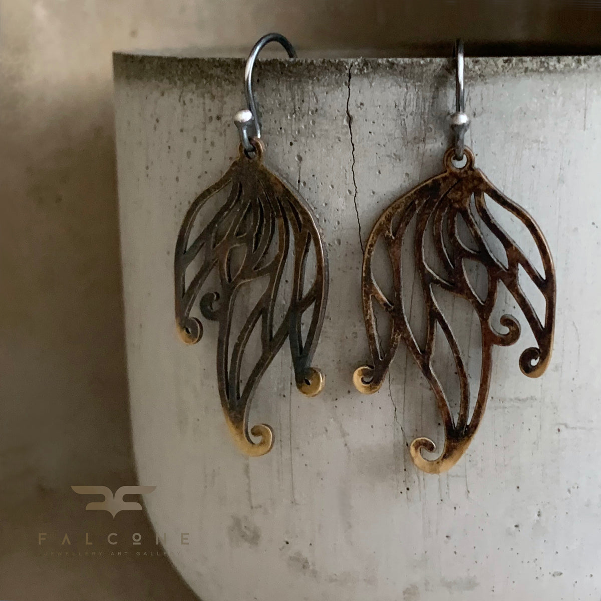 Brass and Sterling Silver Earrings 'Deep Forest Fern'