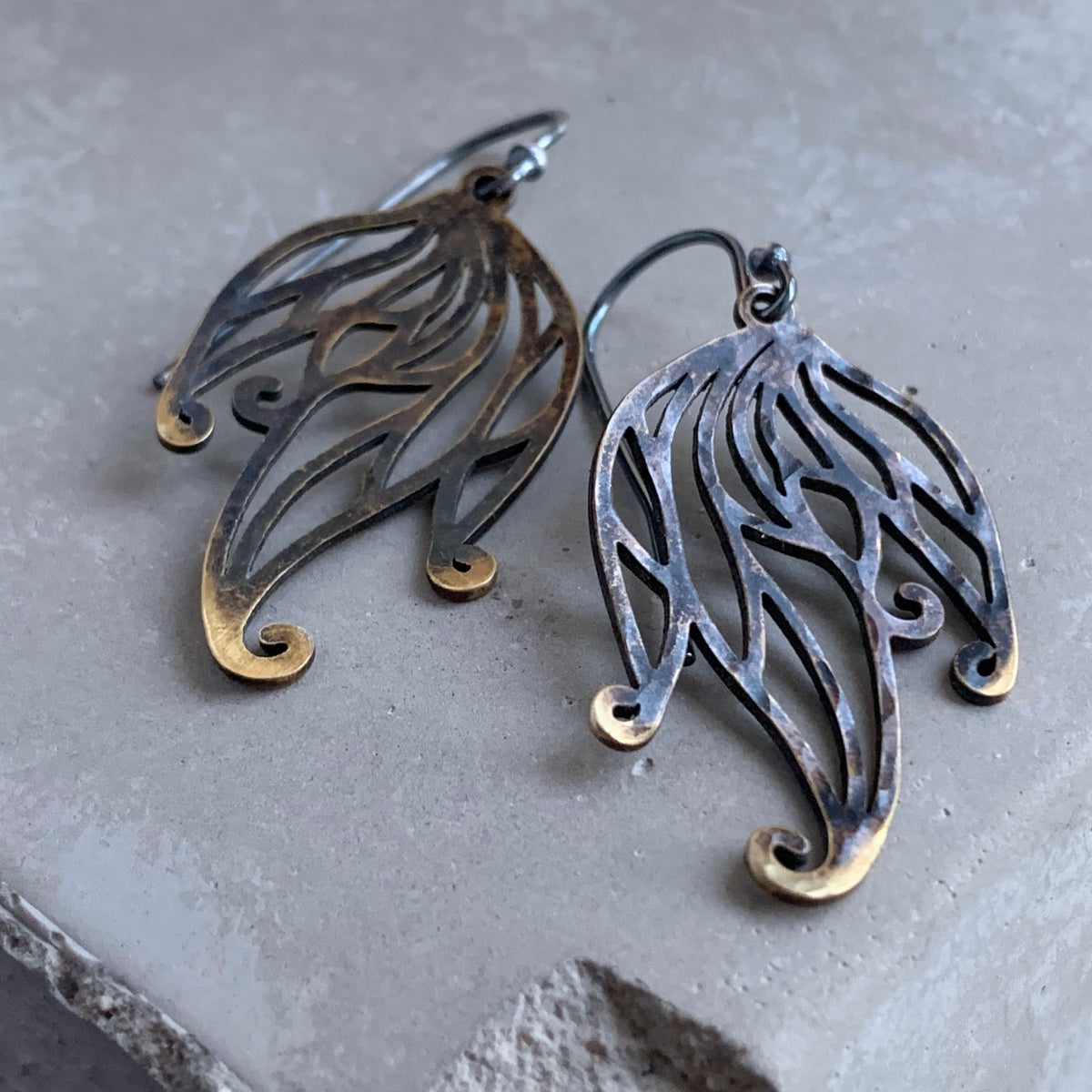 Brass and Sterling Silver Earrings 'Deep Forest Fern'