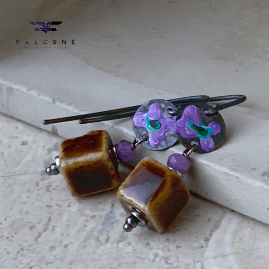 Silver earrings, decorated with enamel and with ceramic cubes "Flowers in a Vase"