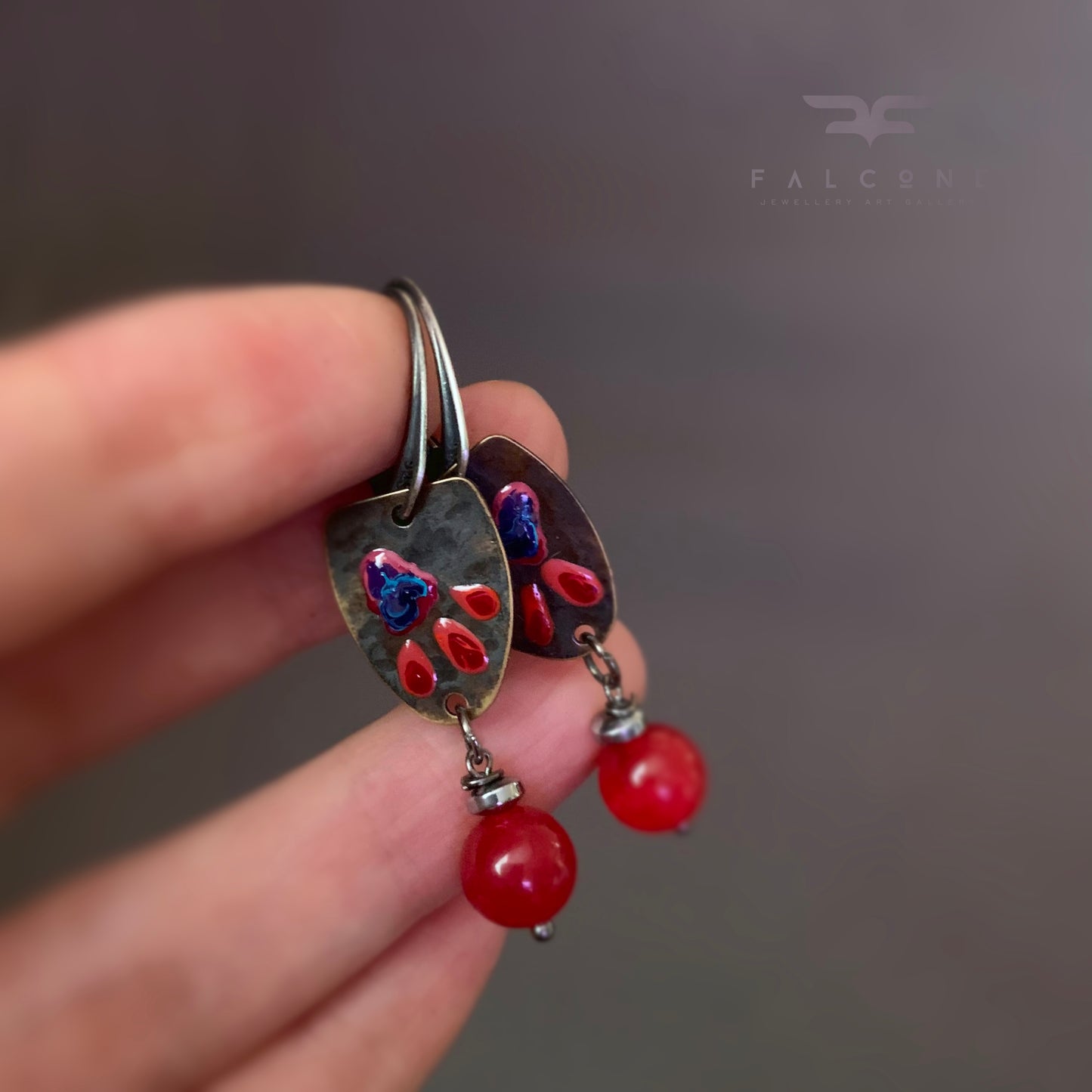 Brass, Agate and Sterling Silver Earrings 'Wild Flowers. Red & Blue'