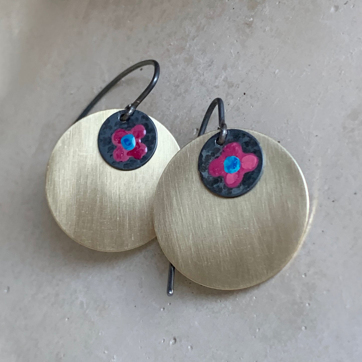 Brass and Silver Earrings 'Field Flowers - Deep Pink and Turquoise.'