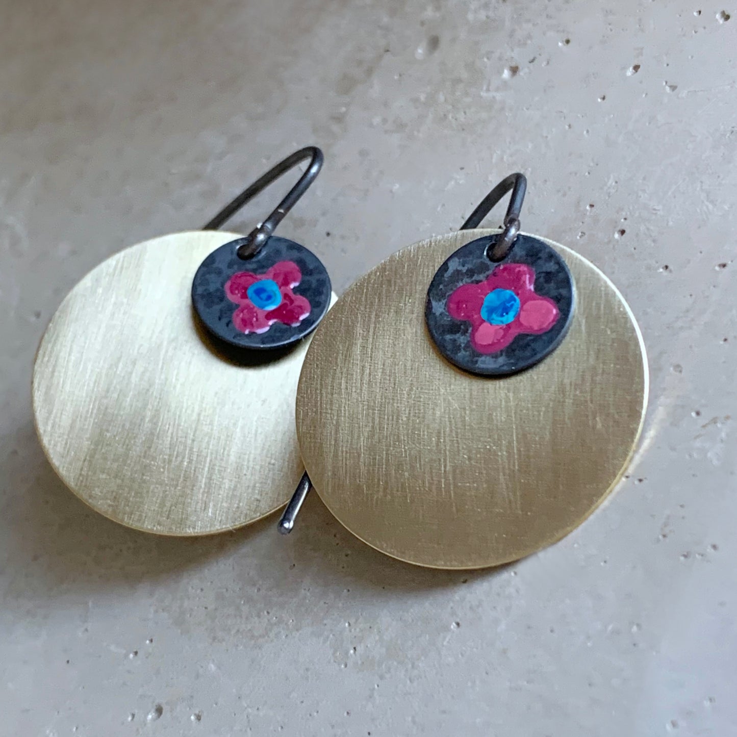 Brass and Silver Earrings 'Field Flowers - Deep Pink and Turquoise.'