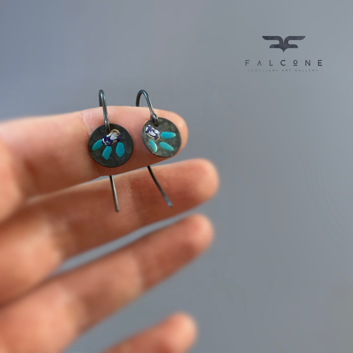 Enamelled Silver Earrings 'Field Flowers – Navy Blue With Milk & Turquoise'