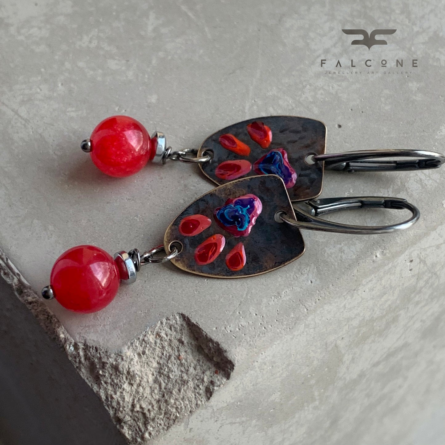 Brass, Agate and Sterling Silver Earrings 'Wild Flowers. Red & Blue'