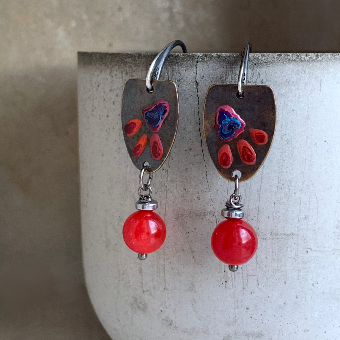 Brass, Agate and Sterling Silver Earrings 'Wild Flowers. Red & Blue'