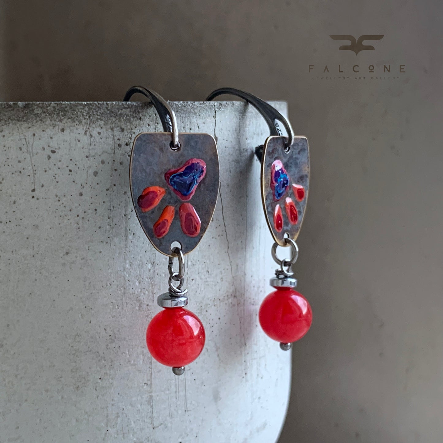 Brass, Agate and Sterling Silver Earrings 'Wild Flowers. Red & Blue'