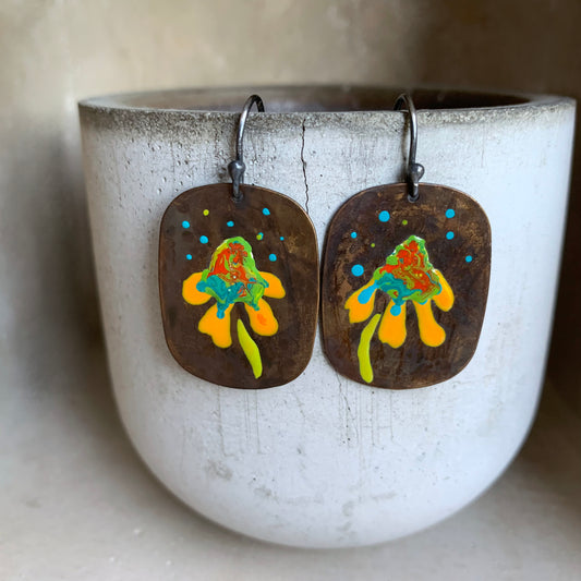 Brass and Sterling Silver Earrings 'Geometric Flower - Yellow Petals with Turquoise & Red Accents'