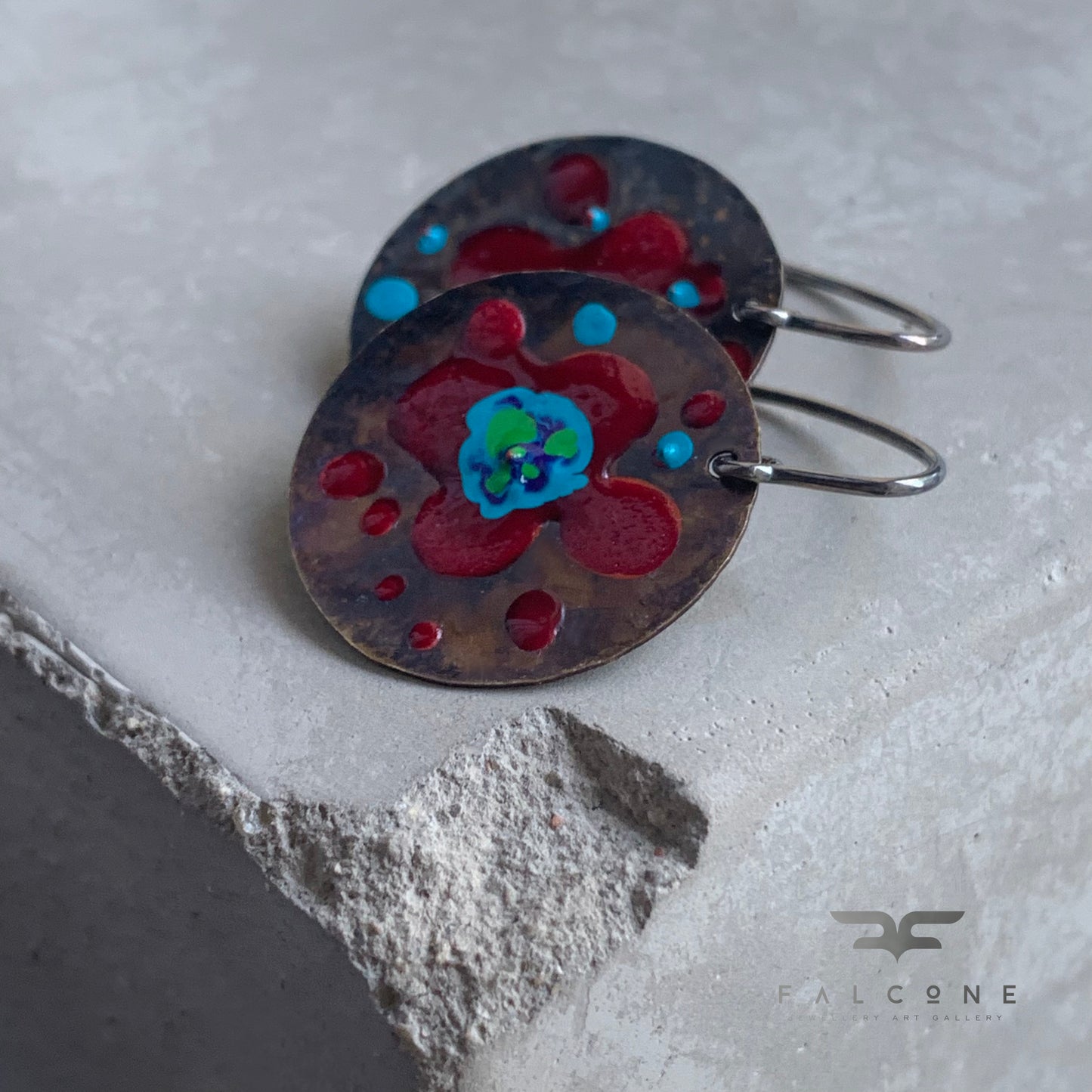 Brass and Sterling Silver Earrings 'Exotic Flower - Dark Ruby & Turquoise Blue'
