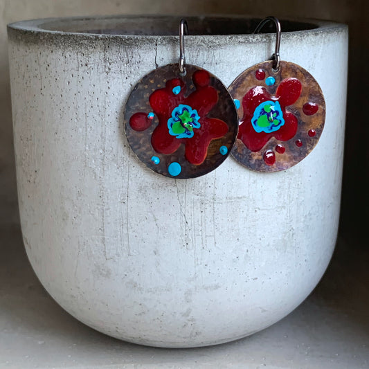 Brass and Sterling Silver Earrings 'Exotic Flower - Dark Ruby & Turquoise Blue'