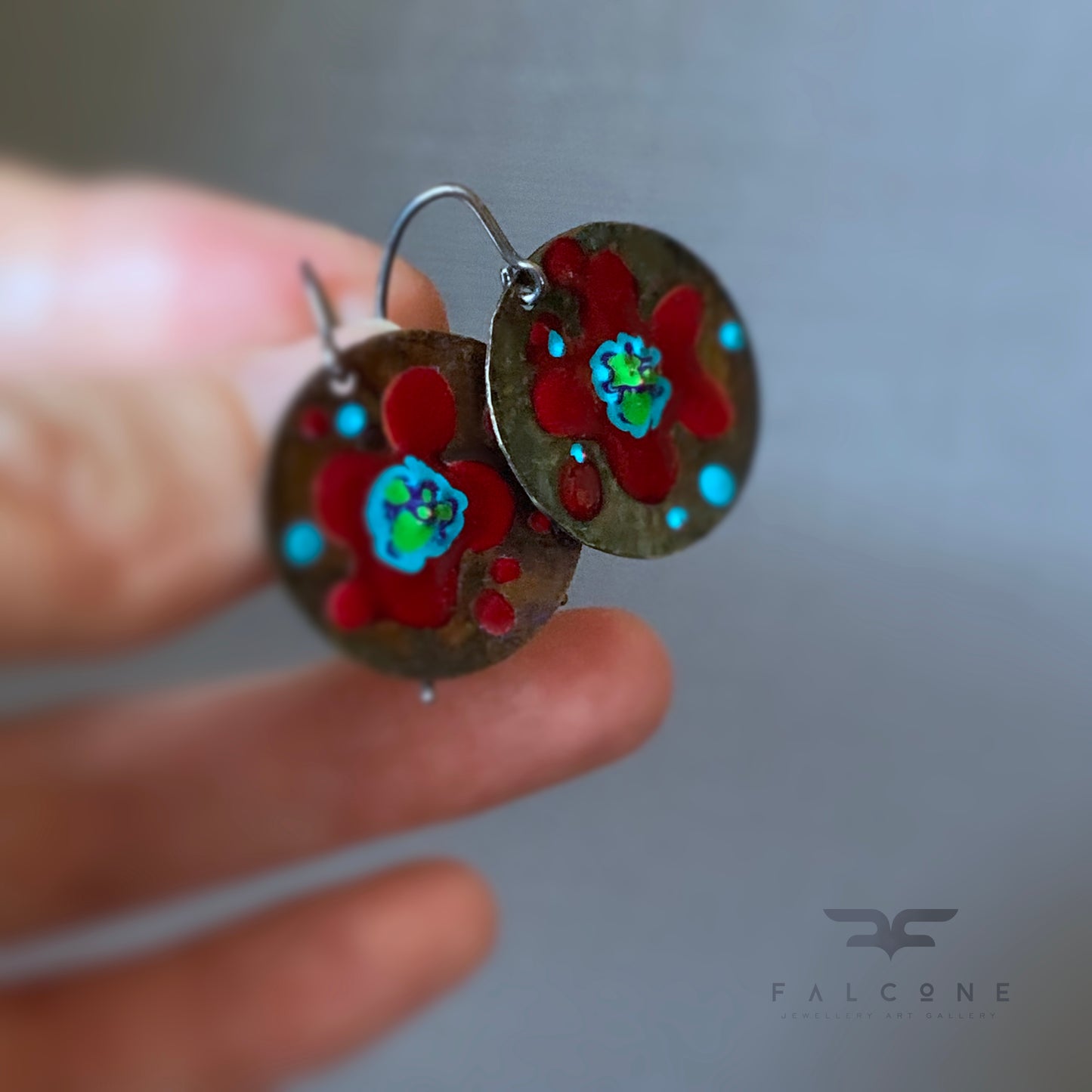 Brass and Sterling Silver Earrings 'Exotic Flower - Dark Ruby & Turquoise Blue'