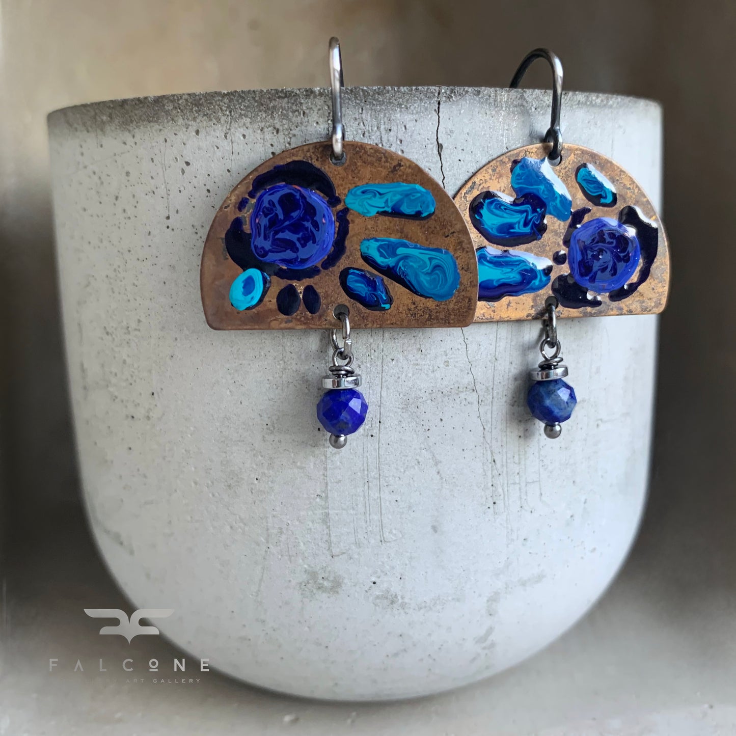 Brass, Silver & Gemstone Earrings 'Sapphire Flowers with Lapis Lazuli'