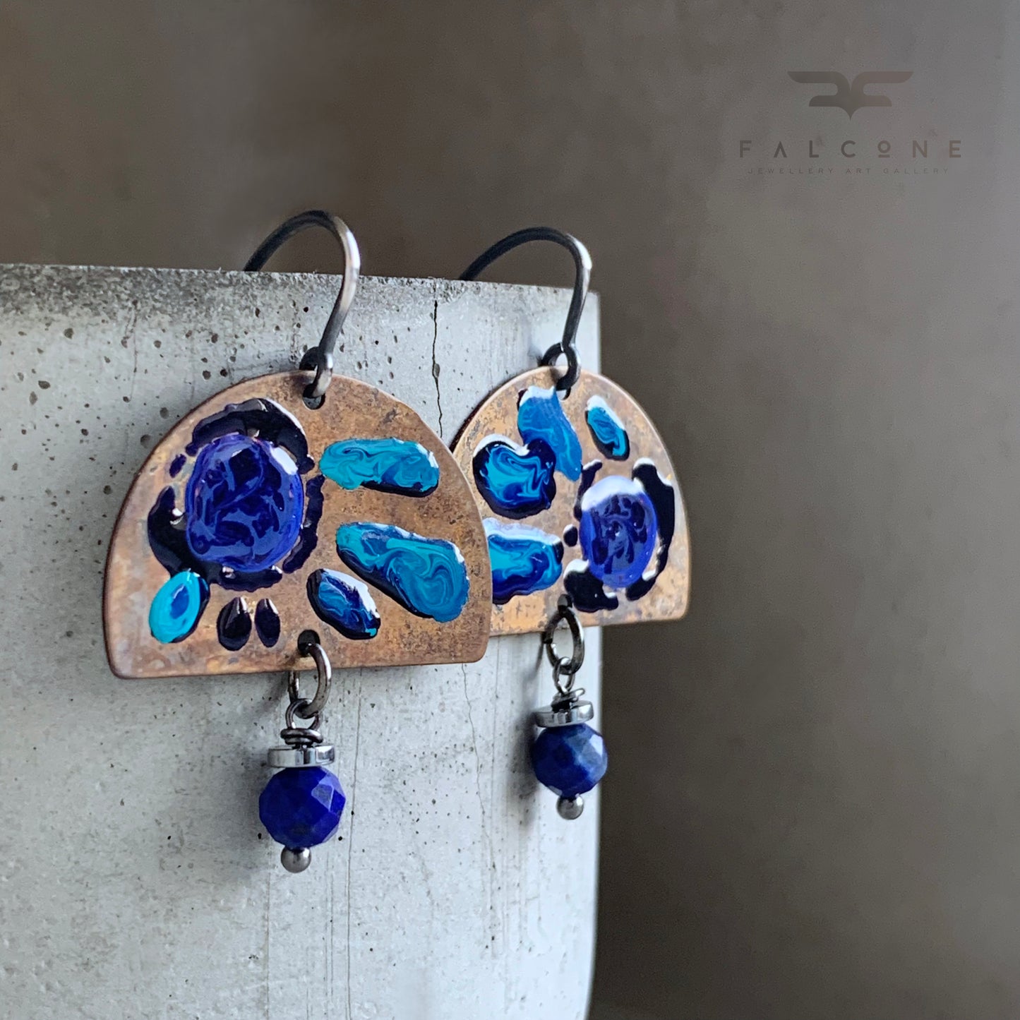 Brass, Silver & Gemstone Earrings 'Sapphire Flowers with Lapis Lazuli'