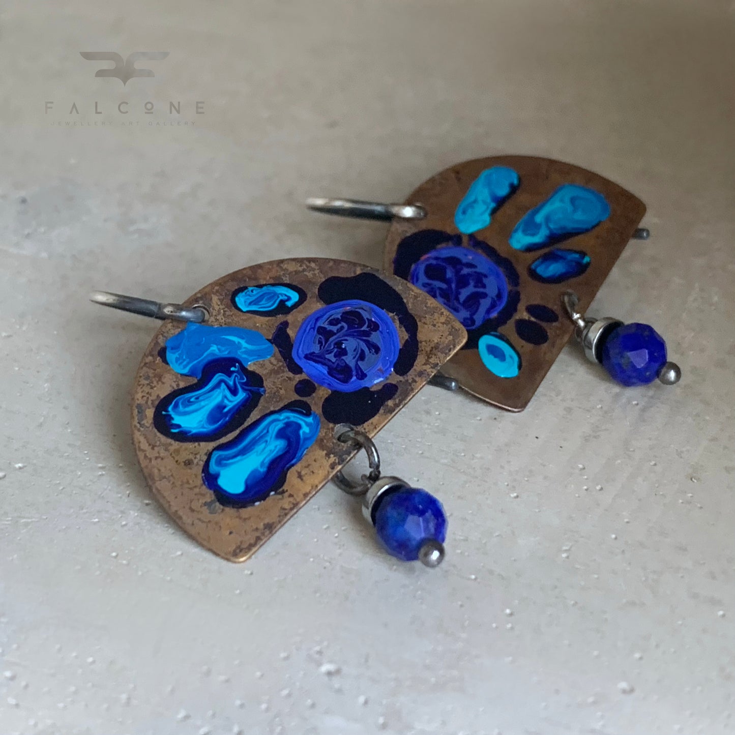 Brass, Silver & Gemstone Earrings 'Sapphire Flowers with Lapis Lazuli'