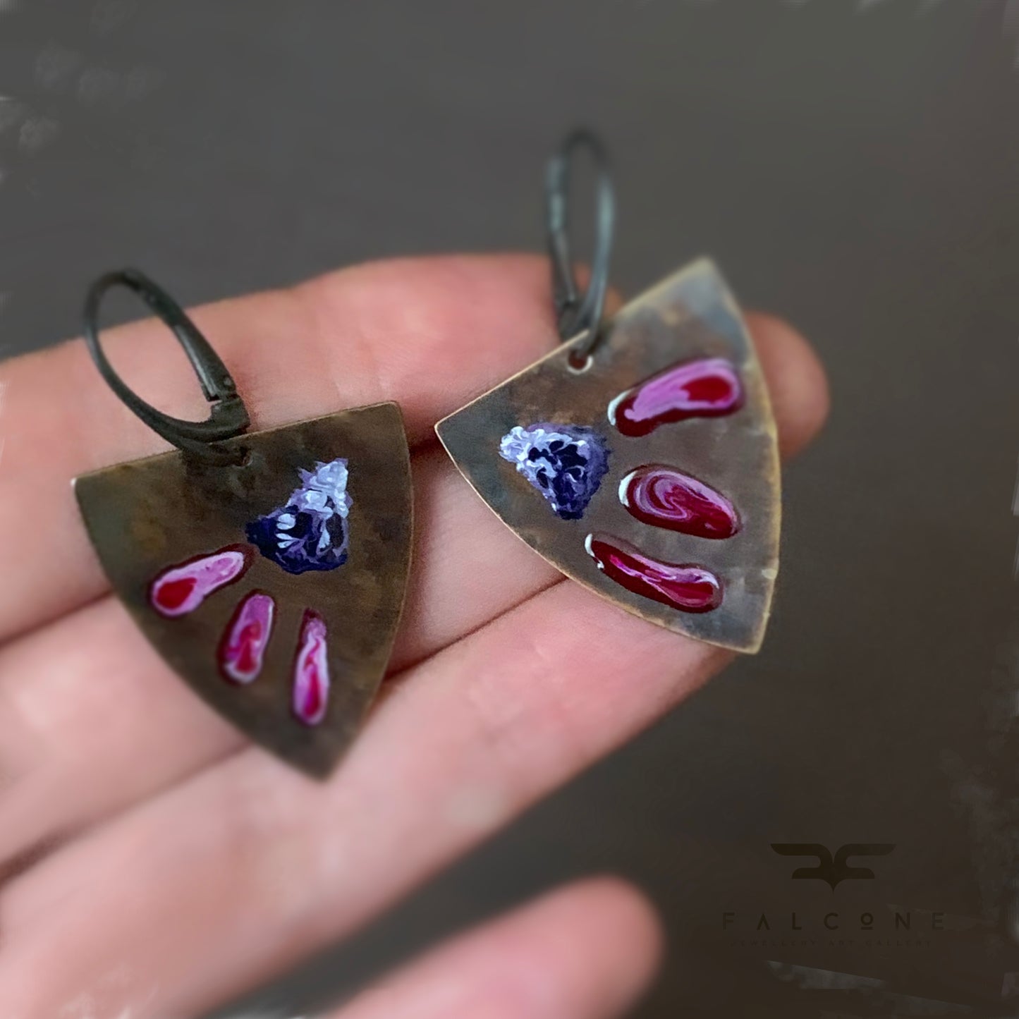 Brass and Sterling Silver Earrings 'Triangle with Exotic Flowers - Ruby & Purple'