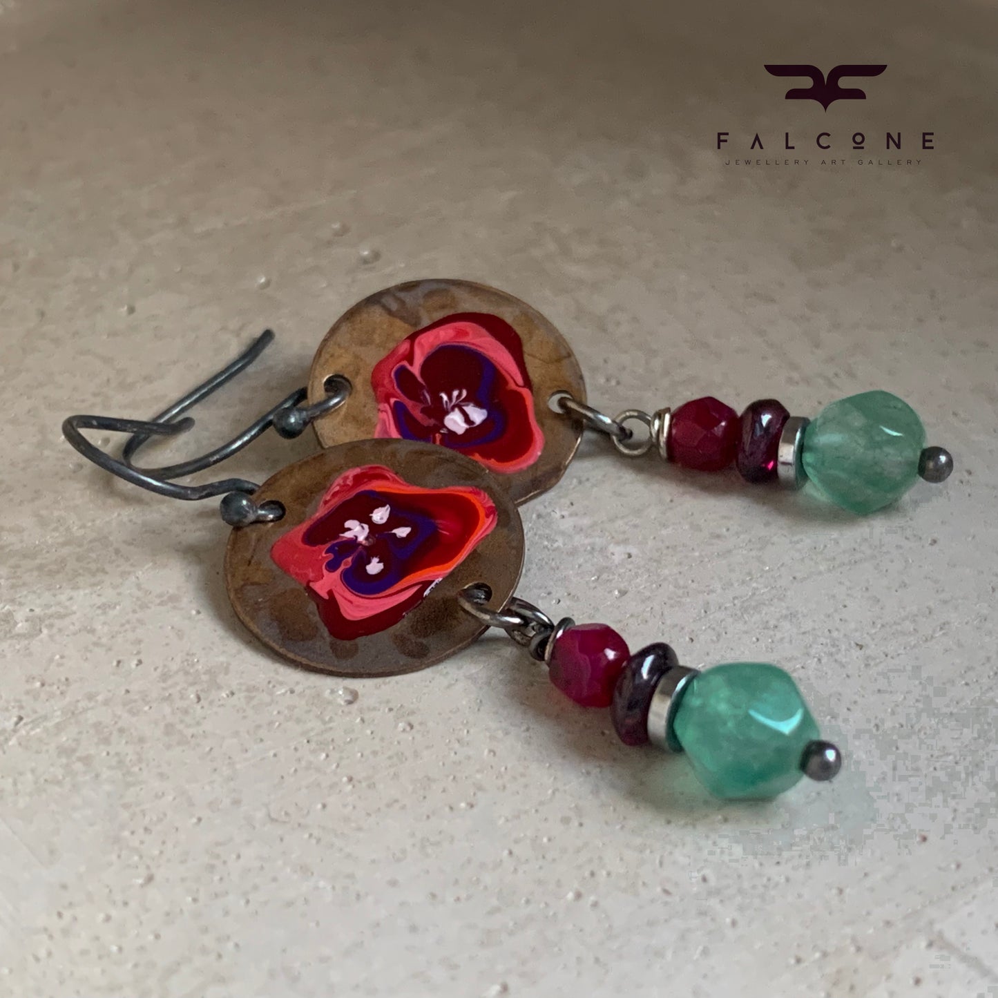 Enamelled Earrings in Brass, Silver and Gemstones 'Flowers in Burgundy Colors'