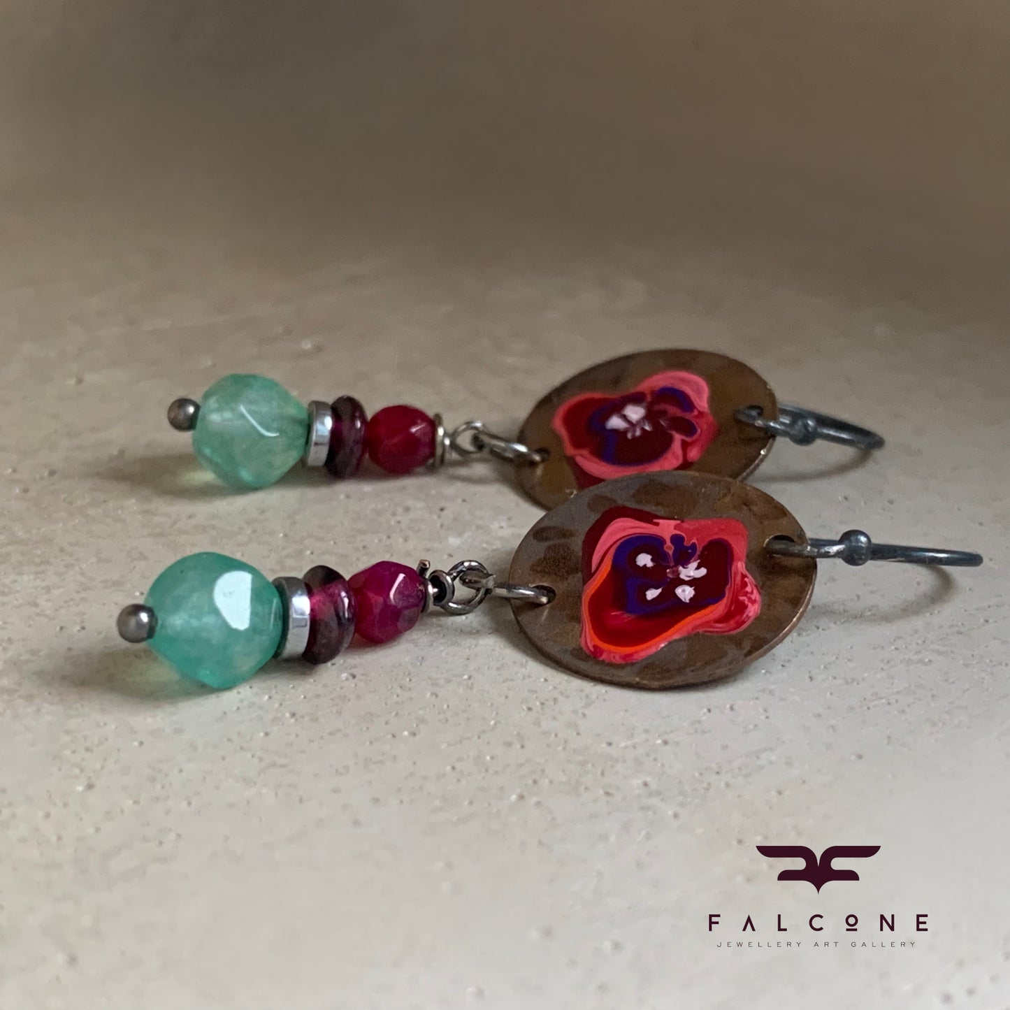 Enamelled Earrings in Brass, Silver and Gemstones 'Flowers in Burgundy Colors'