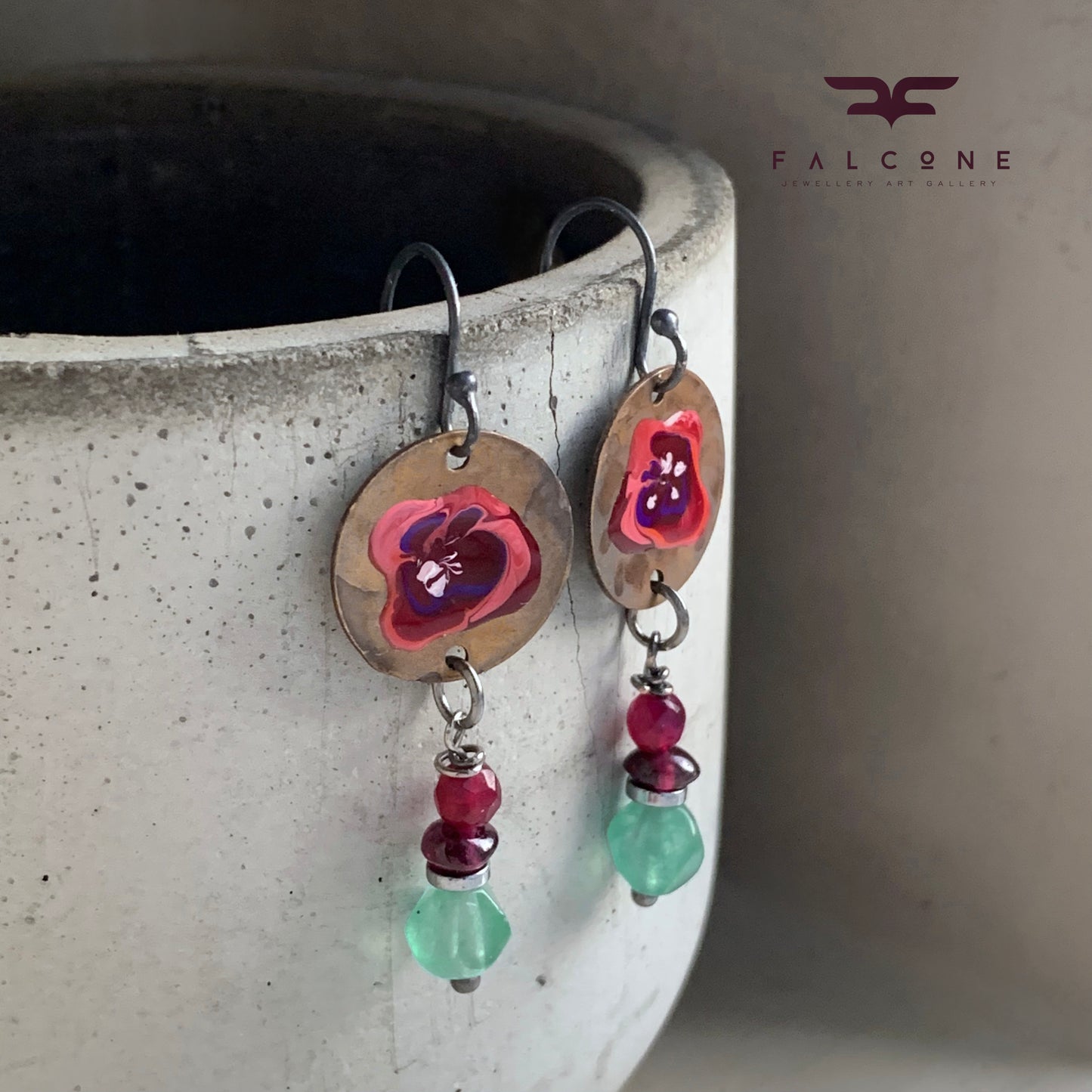 Enamelled Earrings in Brass, Silver and Gemstones 'Flowers in Burgundy Colors'