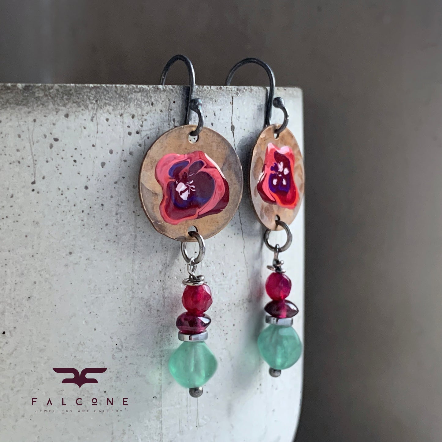 Enamelled Earrings in Brass, Silver and Gemstones 'Flowers in Burgundy Colors'