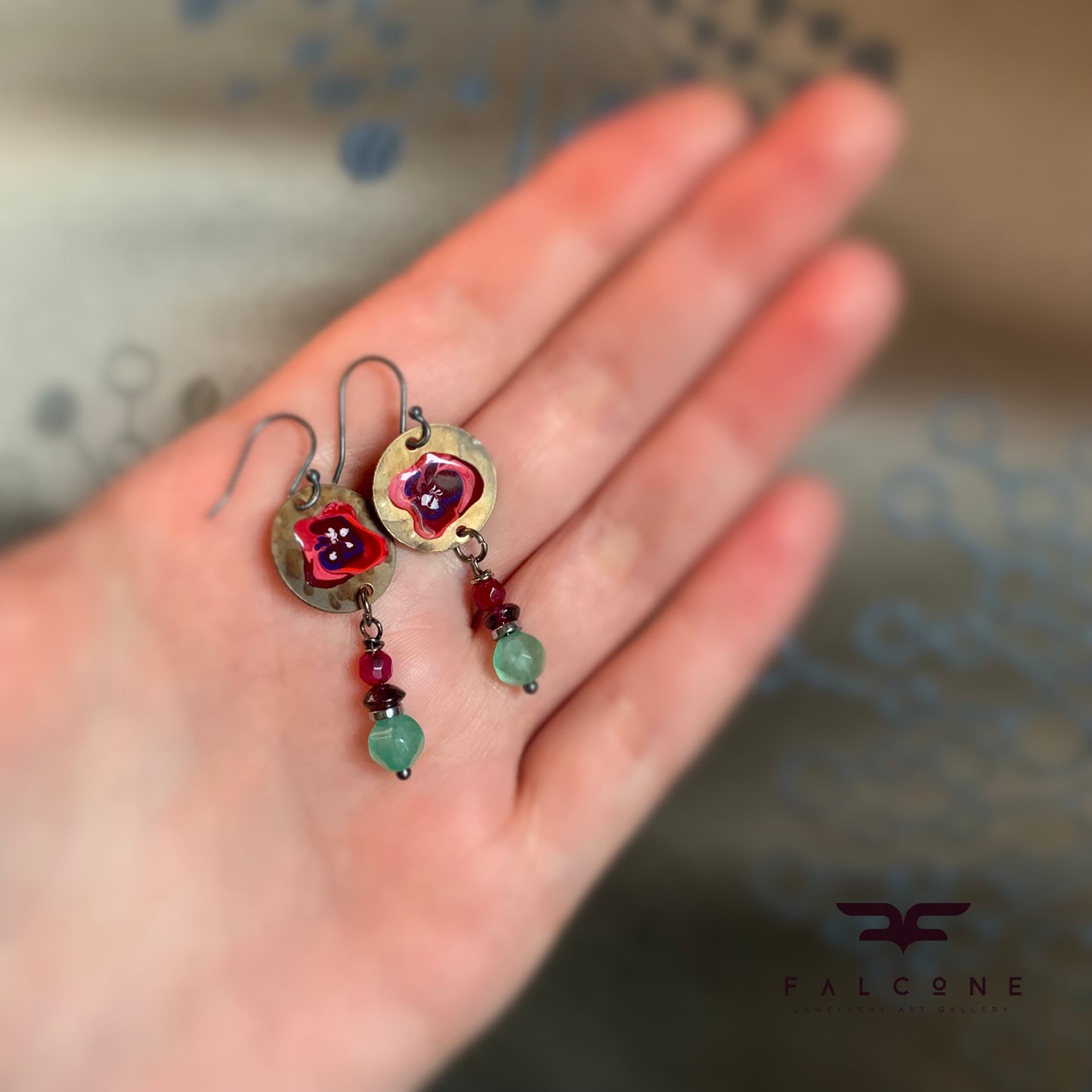 Enamelled Earrings in Brass, Silver and Gemstones 'Flowers in Burgundy Colors'