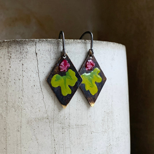 Brass and Silver Earrings 'Little Flowers – Burgundy & Green Lime'