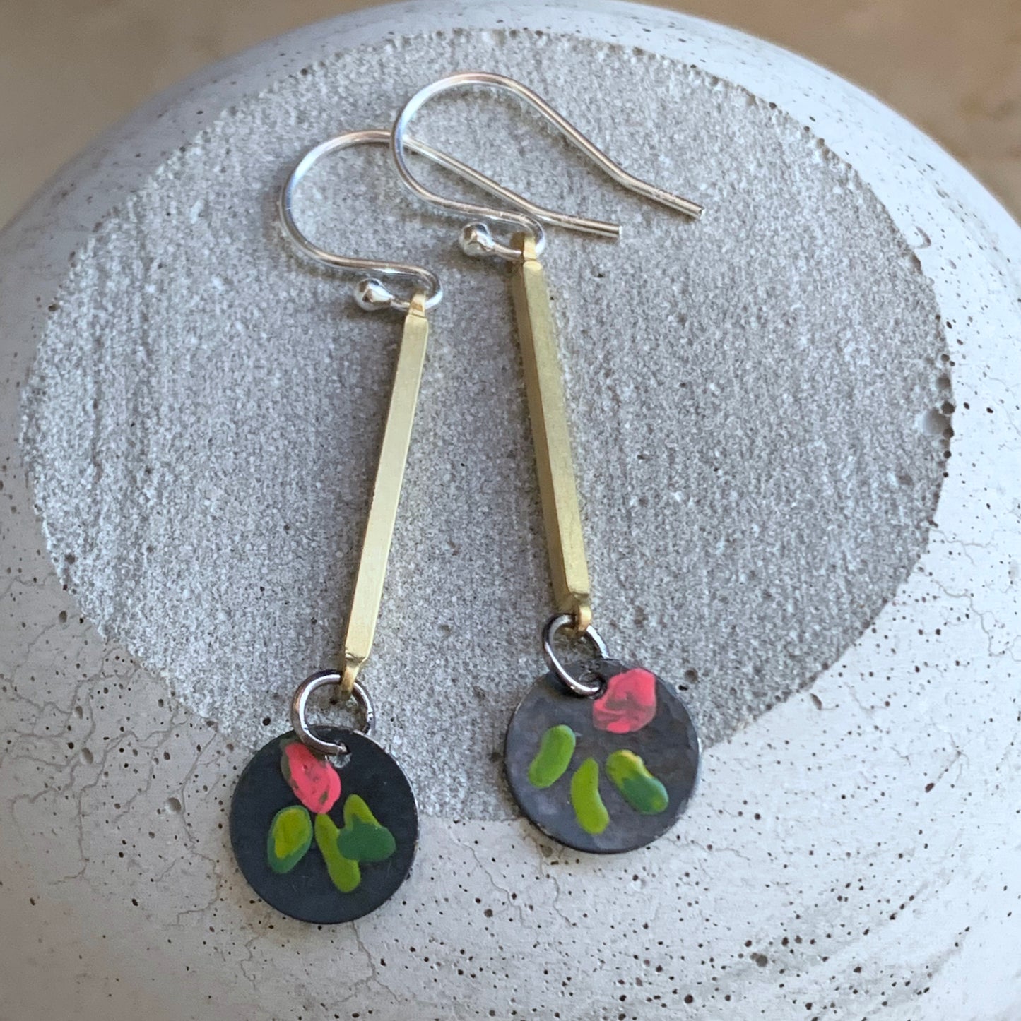 Brass and Silver Earrings 'Wildflower Stems – Green and Pink'