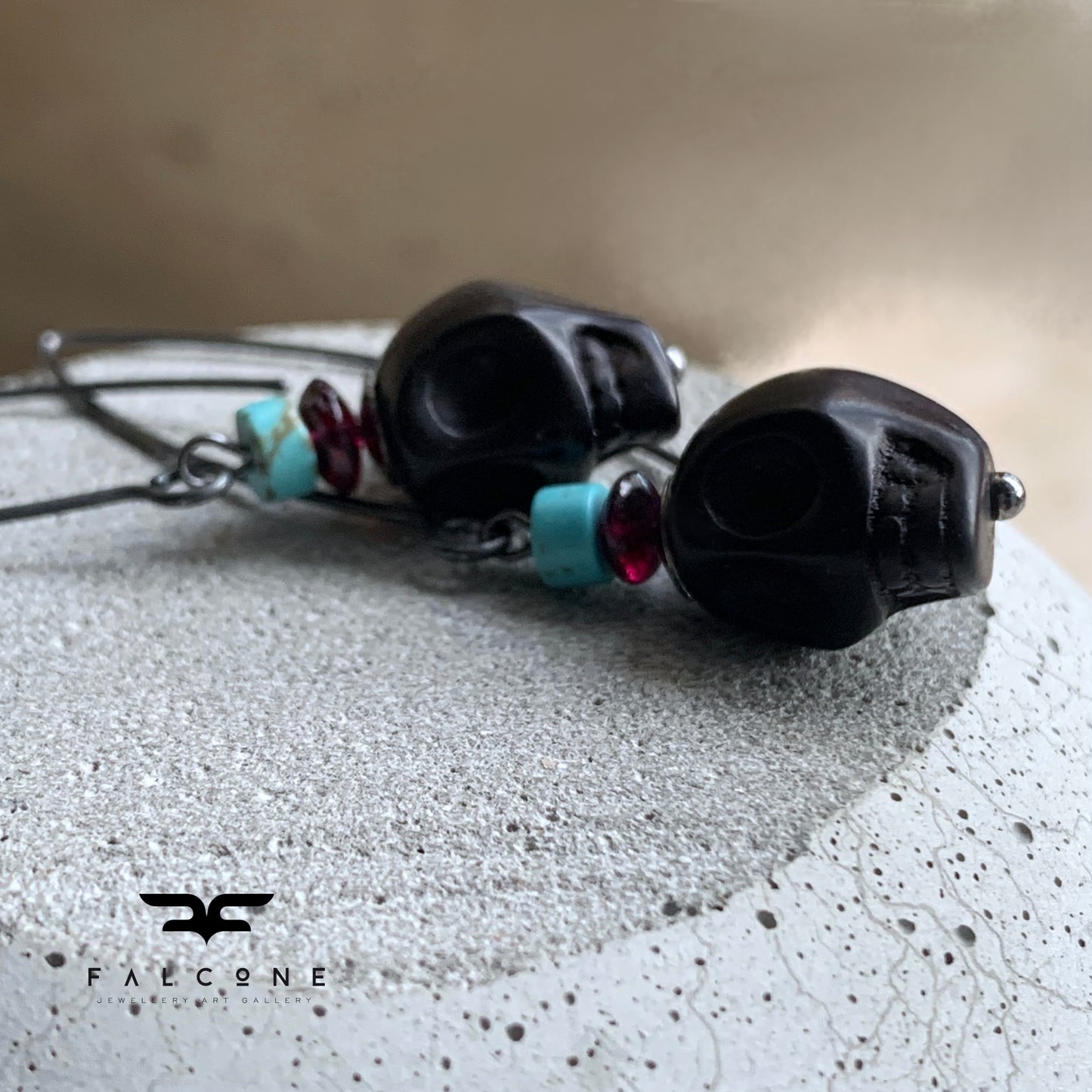 Silver Earrings with Carved Howlite, Turquoise, and Garnet 'La Muerte'