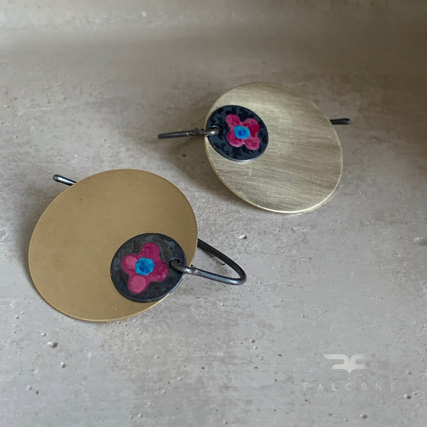 Brass and Silver Earrings 'Field Flowers - Deep Pink and Turquoise.'